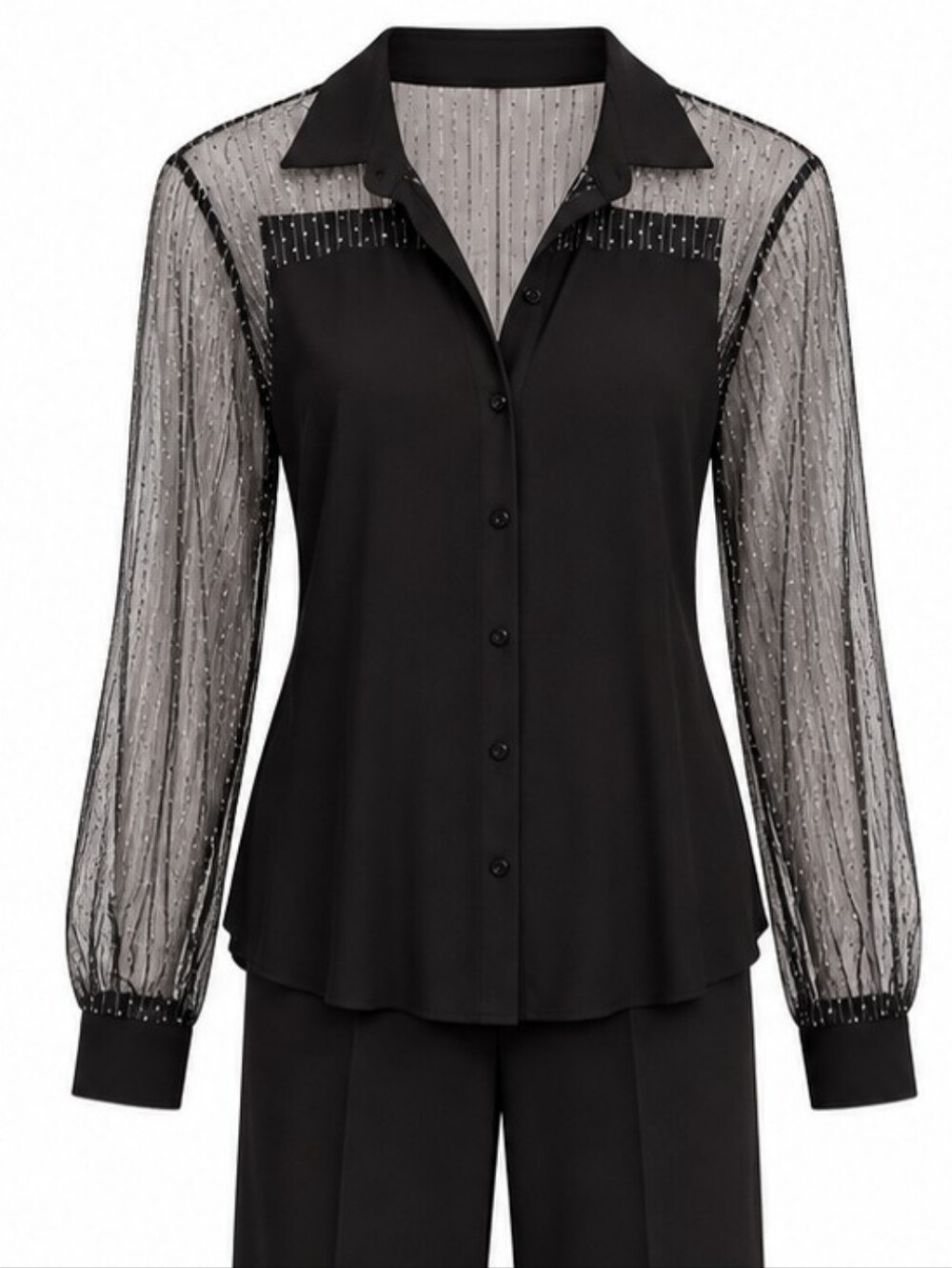 Princess Vera Wang Black Sheer Sparkle-Sleeve Blouse